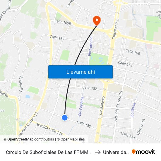 Círculo De Suboficiales De Las FF.MM. (Ac 138 - Kr 56) to Universidad Ecci map