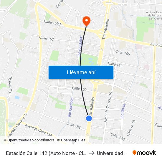 Estación Calle 142 (Auto Norte - Cl 144) to Universidad Ecci map