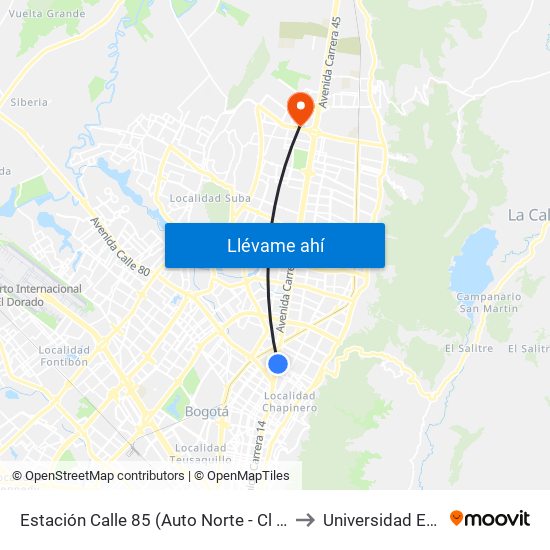 Estación Calle 85 (Auto Norte - Cl 85) to Universidad Ecci map