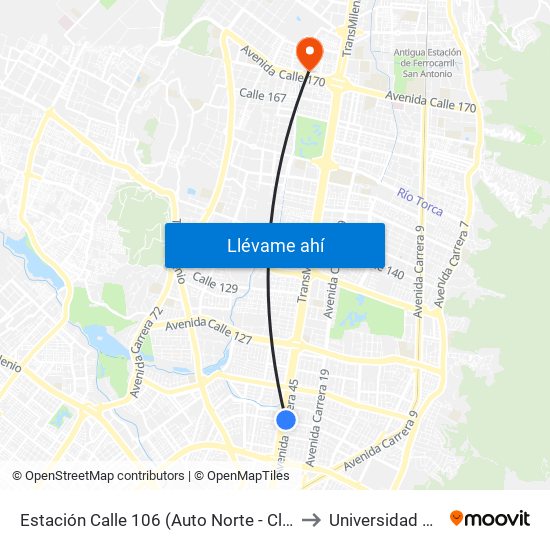 Estación Calle 106 (Auto Norte - Cl 105) to Universidad Ecci map