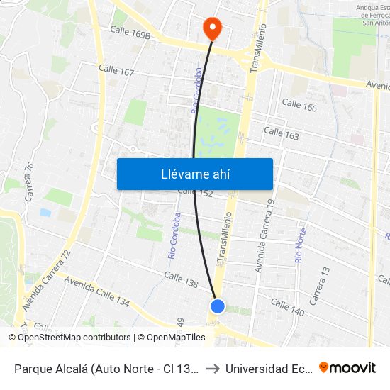 Parque Alcalá (Auto Norte - Cl 136) to Universidad Ecci map