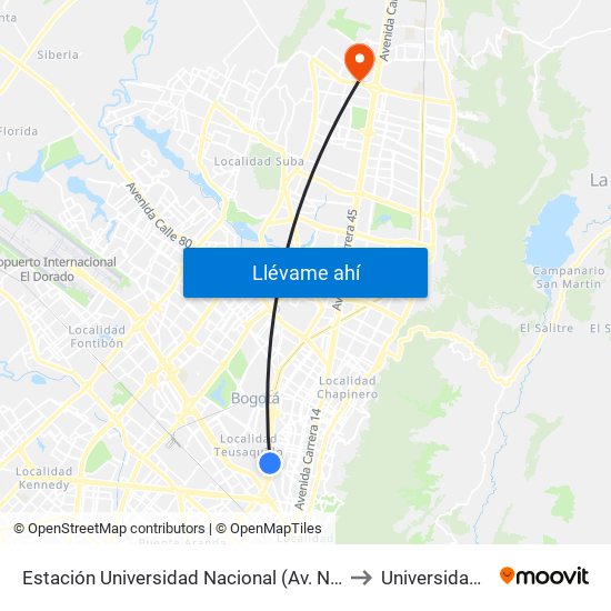 Estación Universidad Nacional (Av. NQS - Cl 45a) to Universidad Ecci map