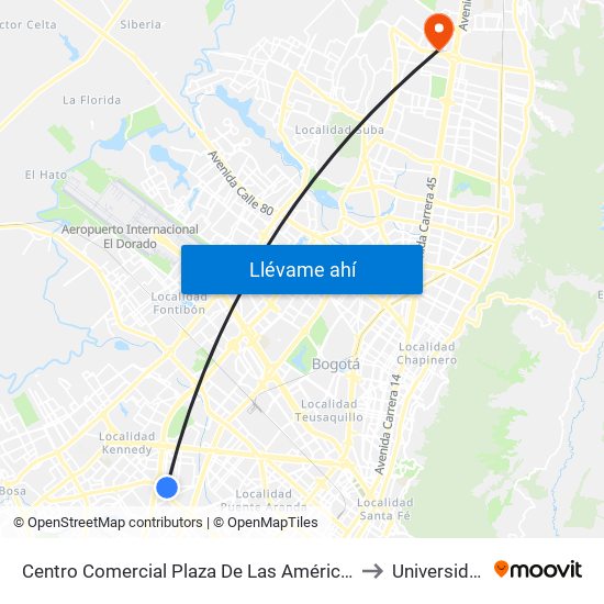 Centro Comercial Plaza De Las Américas (Cl 8 Sur - Kr 71a) to Universidad Ecci map