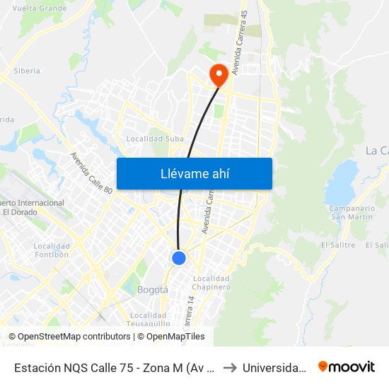 Estación NQS Calle 75 - Zona M (Av NQS - Cl 76) to Universidad Ecci map