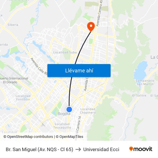 Br. San Miguel (Av. NQS - Cl 65) to Universidad Ecci map