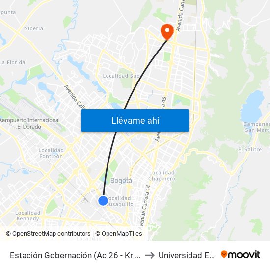 Estación Gobernación (Ac 26 - Kr 51) to Universidad Ecci map