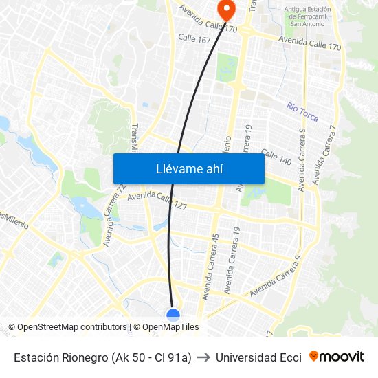 Estación Rionegro (Ak 50 - Cl 91a) to Universidad Ecci map