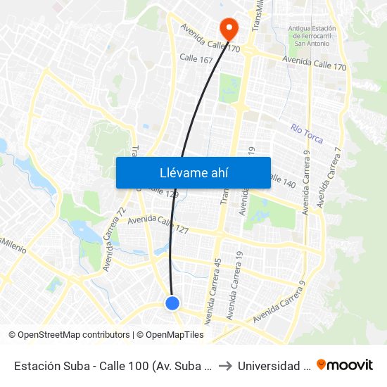 Estación Suba - Calle 100 (Av. Suba - Ac 100) to Universidad Ecci map