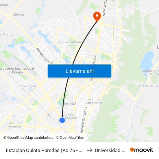 Estación Quinta Paredes (Ac 26 - Kr 45) to Universidad Ecci map