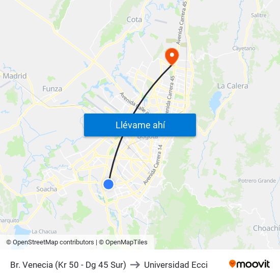 Br. Venecia (Kr 50 - Dg 45 Sur) to Universidad Ecci map