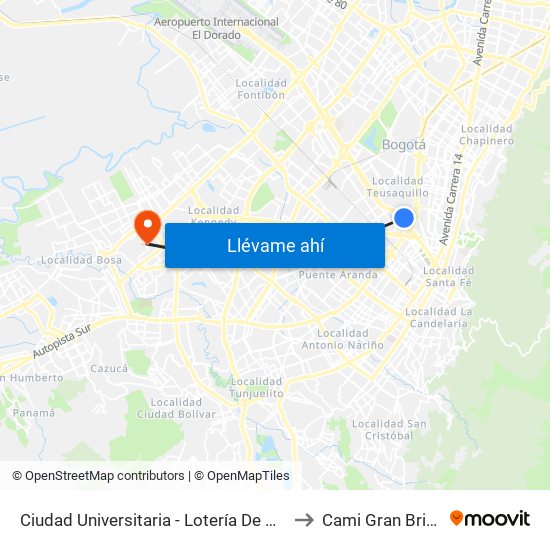 Ciudad Universitaria - Lotería De Bogotá to Cami Gran Britalia map
