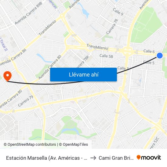 Estación Marsella (Av. Américas - Kr 69b) to Cami Gran Britalia map