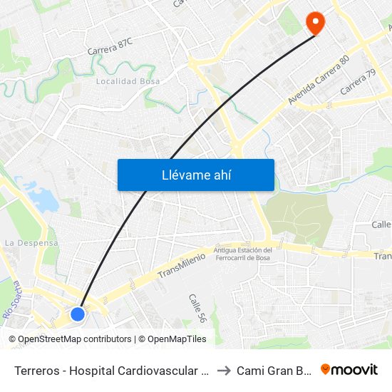 Terreros - Hospital Cardiovascular (Lado Sur) to Cami Gran Britalia map