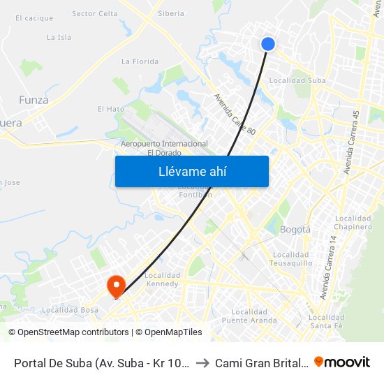 Portal De Suba (Av. Suba - Kr 106) to Cami Gran Britalia map