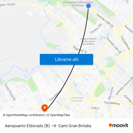 Aeropuerto Eldorado (B) to Cami Gran Britalia map