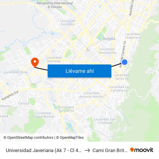 Universidad Javeriana (Ak 7 - Cl 40) (B) to Cami Gran Britalia map