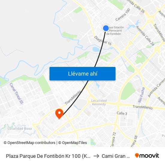 Plaza Parque De Fontibón Kr 100 (Kr 100 - Cl 17a) to Cami Gran Britalia map