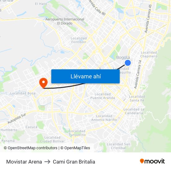 Movistar Arena to Cami Gran Britalia map