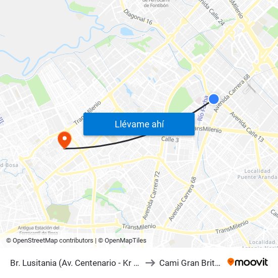 Br. Lusitania (Av. Centenario - Kr 68b) to Cami Gran Britalia map