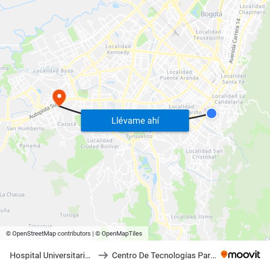Hospital Universitario La Samaritana (Kr 8 - Cl 0 Sur) to Centro De Tecnologías Para La Construcción Y La Madera (Sena) map