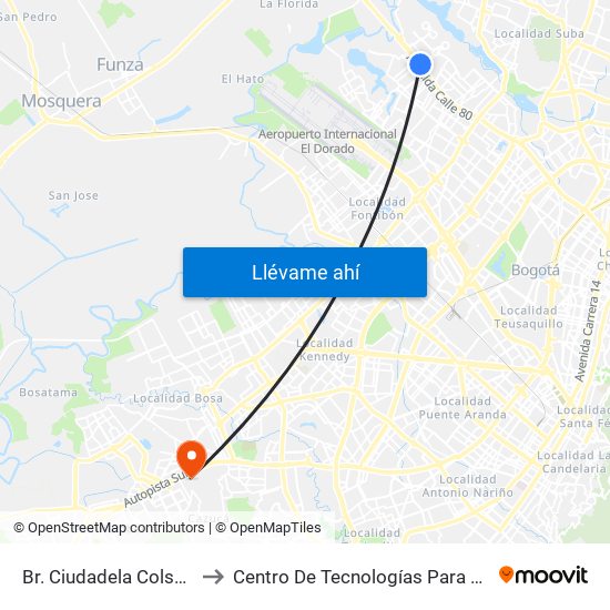 Br. Ciudadela Colsubsidio (Ac 80 - Kr 111c) to Centro De Tecnologías Para La Construcción Y La Madera (Sena) map