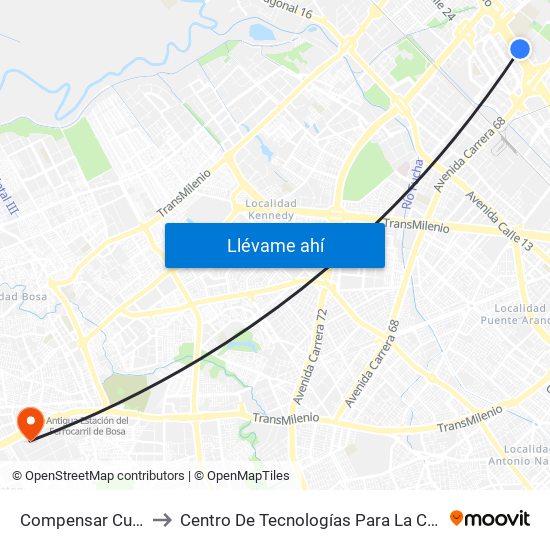 Compensar Cur (Ac 26 - Kr 69) to Centro De Tecnologías Para La Construcción Y La Madera (Sena) map