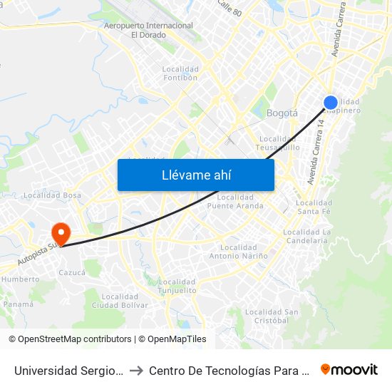 Universidad Sergio Arboleda (Cl 74 - Kr 13) to Centro De Tecnologías Para La Construcción Y La Madera (Sena) map