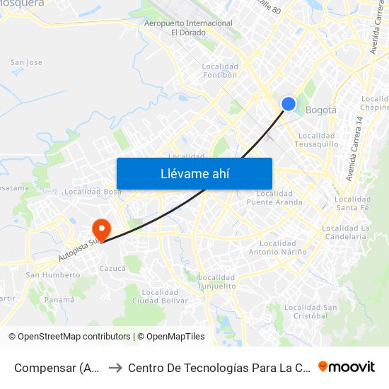 Compensar (Ak 68 - Cl 49a) (B) to Centro De Tecnologías Para La Construcción Y La Madera (Sena) map