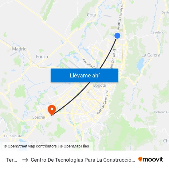 Terminal to Centro De Tecnologías Para La Construcción Y La Madera (Sena) map