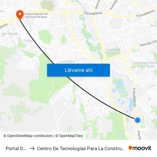 Portal De Usme to Centro De Tecnologías Para La Construcción Y La Madera (Sena) map
