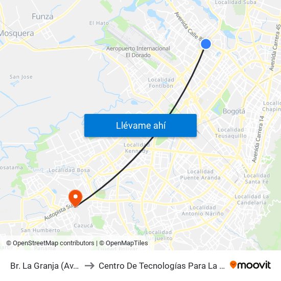 Br. La Granja (Av. C. De Cali - Cl 76a) to Centro De Tecnologías Para La Construcción Y La Madera (Sena) map