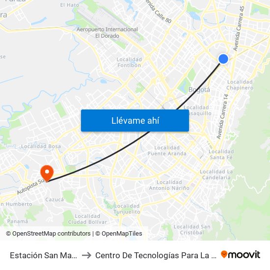 Estación San Martín (Ak 50 - Cl 86b) to Centro De Tecnologías Para La Construcción Y La Madera (Sena) map