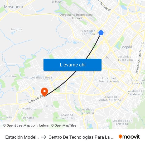 Estación Modelia (Ac 26 - Kr 82) to Centro De Tecnologías Para La Construcción Y La Madera (Sena) map