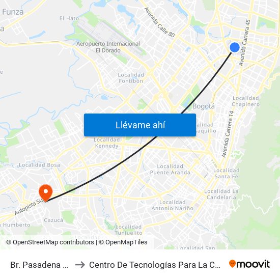 Br. Pasadena (Kr 53 - Cl 107) to Centro De Tecnologías Para La Construcción Y La Madera (Sena) map