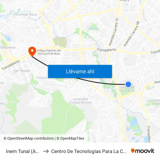 Inem Tunal (Ak 24 - Cl 52 Sur) to Centro De Tecnologías Para La Construcción Y La Madera (Sena) map
