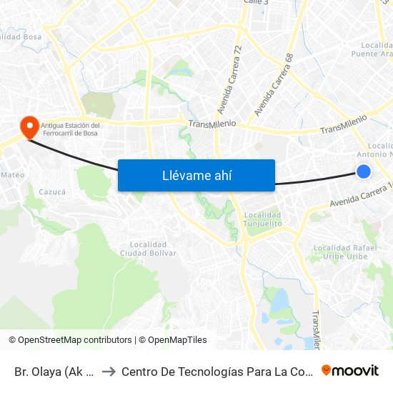 Br. Olaya (Ak 24 - Cl 27 Sur) to Centro De Tecnologías Para La Construcción Y La Madera (Sena) map