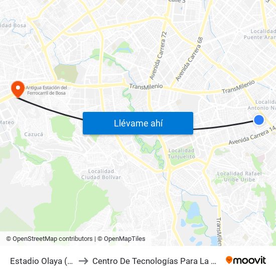 Estadio Olaya (Ak 24 - Cl 24 Sur) to Centro De Tecnologías Para La Construcción Y La Madera (Sena) map