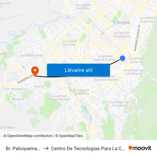 Br. Paloquemao (Kr 22 - Cl 18) to Centro De Tecnologías Para La Construcción Y La Madera (Sena) map