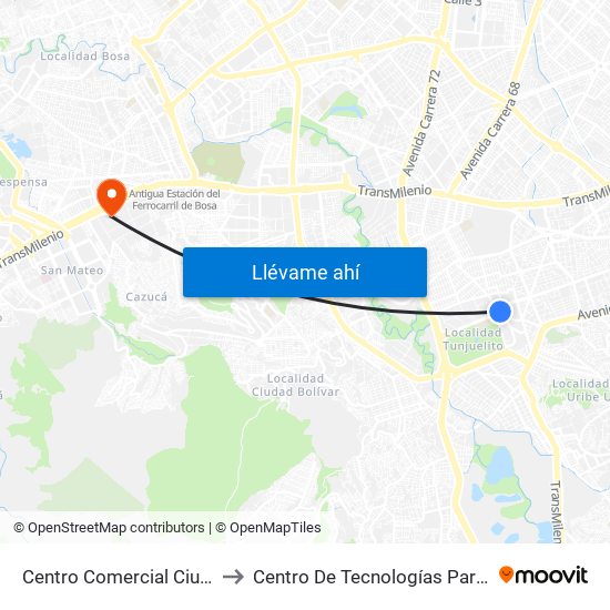Centro Comercial Ciudad Tunal (Ak 24a - Cl 48b Sur) to Centro De Tecnologías Para La Construcción Y La Madera (Sena) map