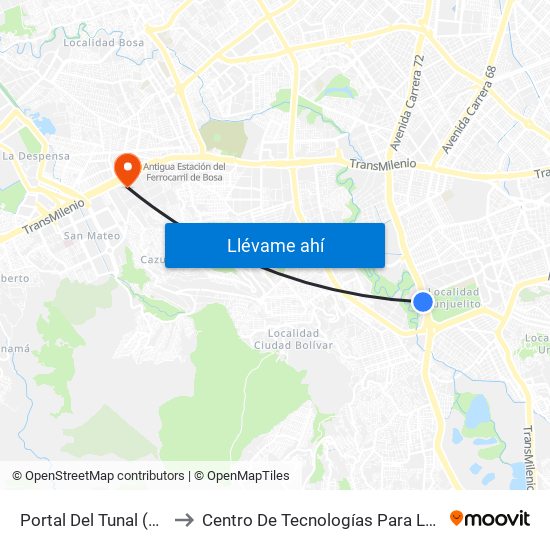 Portal Del Tunal (Av. Boyacá - Ak 24) (A) to Centro De Tecnologías Para La Construcción Y La Madera (Sena) map