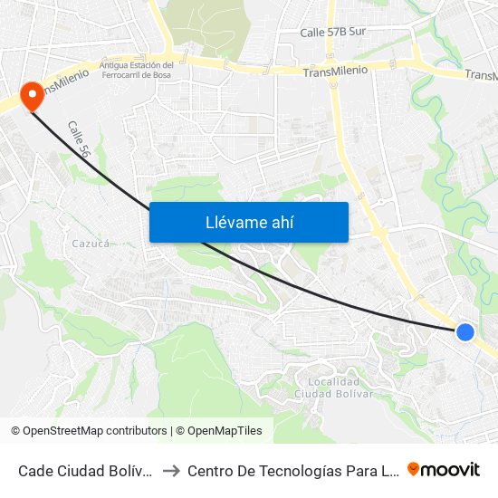 Cade Ciudad Bolívar (Av. V/cio - Tv 34) (B) to Centro De Tecnologías Para La Construcción Y La Madera (Sena) map