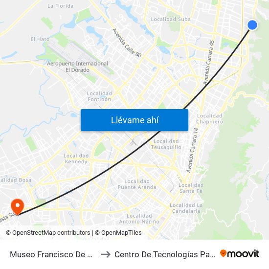 Museo Francisco De Paula Santander (Ak 7 - Cl 150) (A) to Centro De Tecnologías Para La Construcción Y La Madera (Sena) map