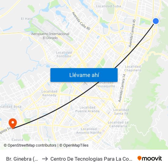 Br. Ginebra (Ak 7 - Cl 134) to Centro De Tecnologías Para La Construcción Y La Madera (Sena) map