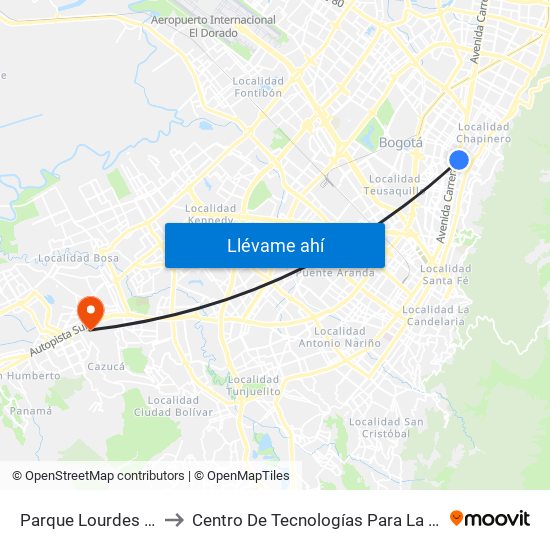 Parque Lourdes (Ak 13 - Cl 63a) (A) to Centro De Tecnologías Para La Construcción Y La Madera (Sena) map