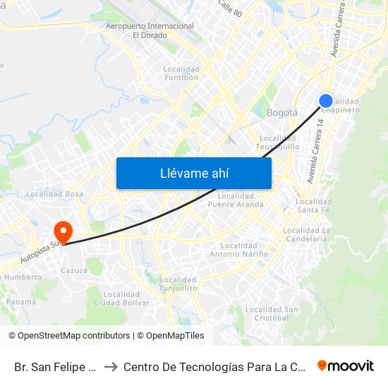 Br. San Felipe (Kr 20a - Cl 74) to Centro De Tecnologías Para La Construcción Y La Madera (Sena) map