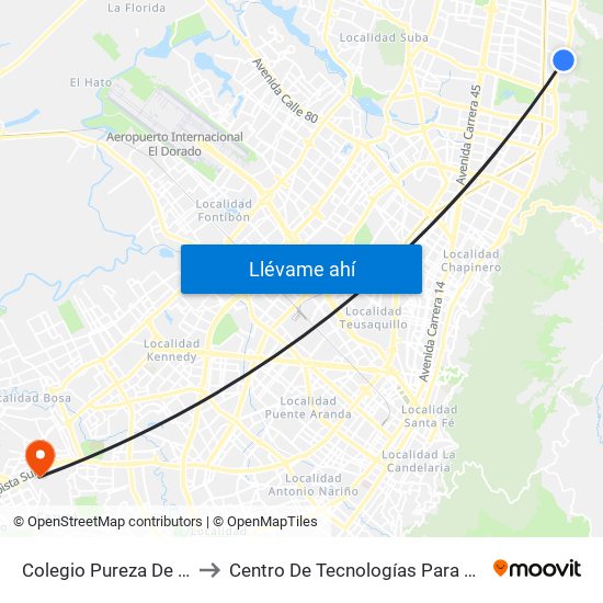 Colegio Pureza De María (Ak 7 - Cl 147) (A) to Centro De Tecnologías Para La Construcción Y La Madera (Sena) map