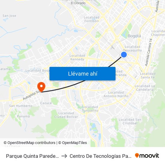 Parque Quinta Paredes Paraíso (Av. Esperanza - Kr 44) to Centro De Tecnologías Para La Construcción Y La Madera (Sena) map