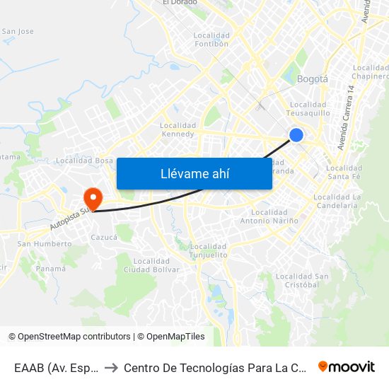 EAAB (Av. Esperanza - Kr 37) to Centro De Tecnologías Para La Construcción Y La Madera (Sena) map