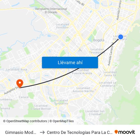 Gimnasio Moderno (Kr 9 - Cl 76) to Centro De Tecnologías Para La Construcción Y La Madera (Sena) map