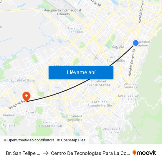 Br. San Felipe (Ac 72 - Kr 17) to Centro De Tecnologías Para La Construcción Y La Madera (Sena) map